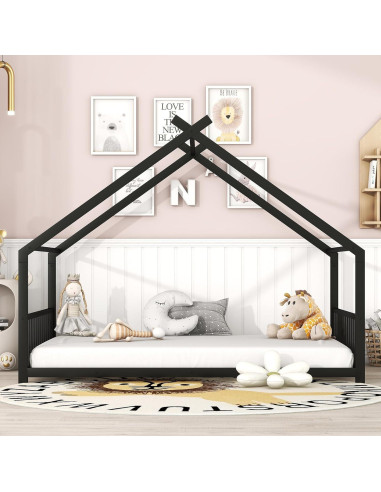 Cama de Metal Completo Favfurish con Techo y Listones Negro