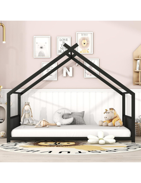 Cama de Metal Completo Favfurish con Techo y Listones Negro Cama de Metal Completo Favfurish con Techo y Listones Negro