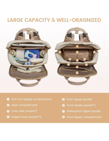 Mochila para Pañales LOVEVOOK Beige-Khaki 30L con Cambiador