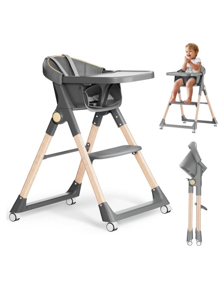 Silla Alta Plegable para Bebés BONBAY con Ruedas y Bandeja Desmontable Silla Alta Plegable para Bebés BONBAY con Ruedas y Bandeja Desmontable