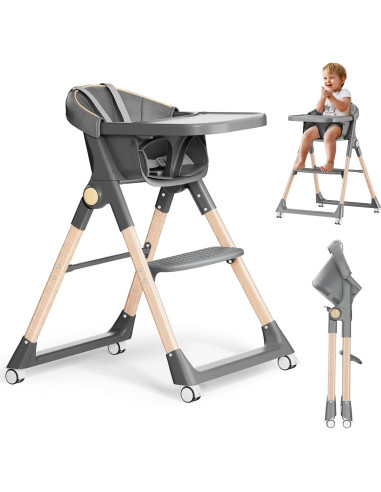 Silla Alta Plegable para Bebés BONBAY con Ruedas y Bandeja Desmontable