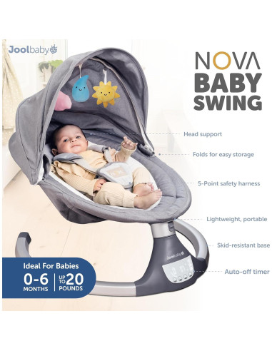 Balanceo Infantil Motorizado Jool Baby Nova Gris - Bluetooth, 10 Melodías