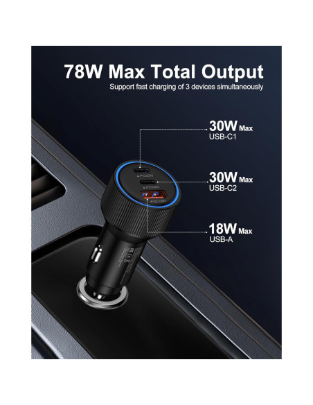 Cargador de Coche USB C 78W AILKIN para iPhone 16 y Galaxy Cargador de Coche USB C 78W AILKIN para iPhone 16 y Galaxy