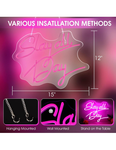 Luz de Neón Rosa Slay All Day ReyeeInc USB Regulable 37x30cm