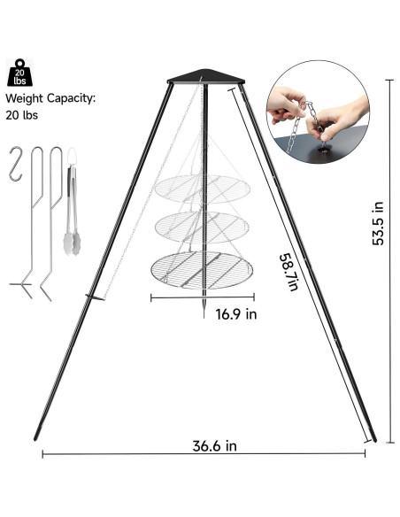 Trípode de Fogata DPZM Ajustable con Rejilla Circular 4.6kg Trípode de Fogata DPZM Ajustable con Rejilla Circular 4.6kg