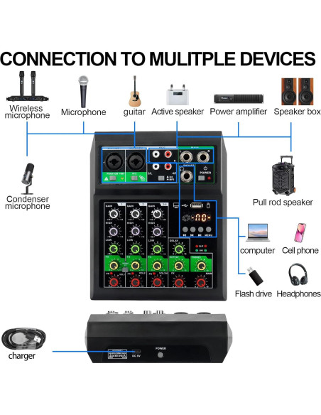 Mezclador de Audio Mini 4 Canales Flygrow con Bluetooth 48V Mezclador de Audio Mini 4 Canales Flygrow con Bluetooth 48V