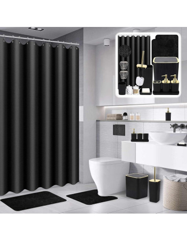 Juego de baño XLHOMO 25 piezas con cortina y alfombrillas negras