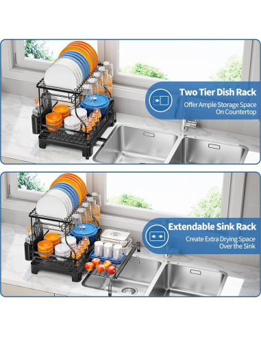 Estante de Secado de Platos TOOLF 2 Niveles Expandible Negro