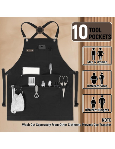 Delantal de Chef Profesional Lona Algodón Negro 100% Ajustable
