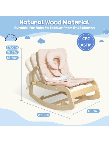 Silla Mecedora para Bebés 3 en 1 de Madera Beige - Arnés 5 Puntos