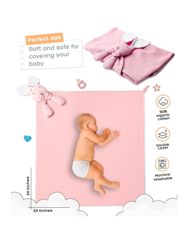 Manta Lovey para Bebé Mivtleer Conejito Rosa 61x61 cm Algodón Orgánico