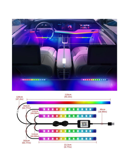 Kit de Luces LED Multicolores para Interior de Automóvil YM E-Bright Kit de Luces LED Multicolores para Interior de Automóvil YM E-Bright