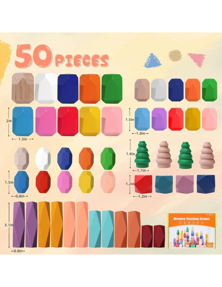 50 PCS Juguetes de Rocas Apilables Madera MTTIERY 3-5 Años 50 PCS Juguetes de Rocas Apilables Madera MTTIERY 3-5 Años