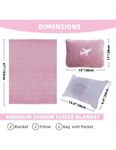 Juego de Manta y Almohada de Viaje Nenolix 350 GSM Rosa