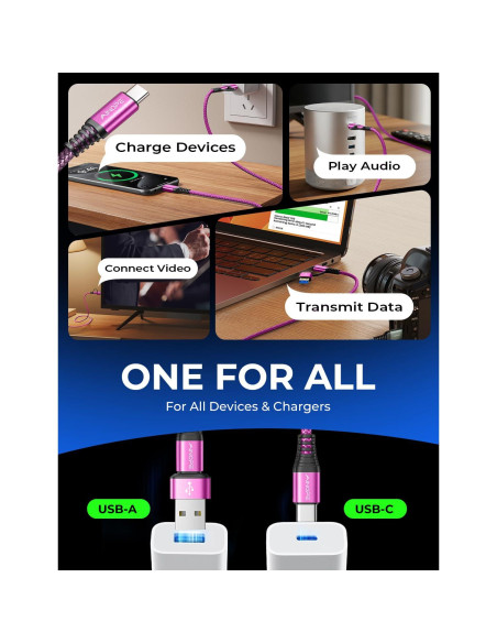 Cable USB C a USB C AINOPE 3m Carga Rápida 60W Magenta Cable USB C a USB C AINOPE 3m Carga Rápida 60W Magenta