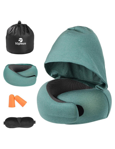 Almohada de Viaje Vzpeun con Capucha y Espuma de Memoria Verde