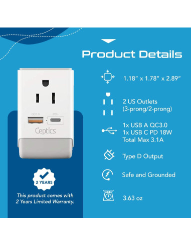 Adaptador de Enchufe Ceptics Tipo D para India y Pakistán 18W