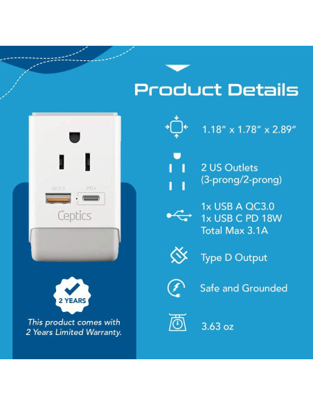 Adaptador de Enchufe Ceptics Tipo D para India y Pakistán 18W Adaptador de Enchufe Ceptics Tipo D para India y Pakistán 18W