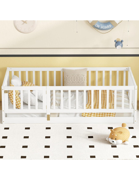 Cama Montessori Twin YHUBHSIS Blanca con Cerca y Puerta Removible Cama Montessori Twin YHUBHSIS Blanca con Cerca y Puerta Removible