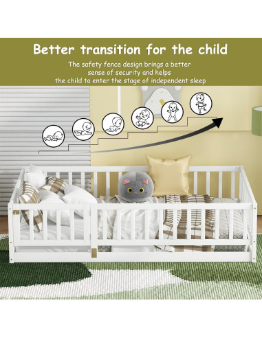 Cama Montessori Twin YHUBHSIS Blanca con Cerca y Puerta Removible