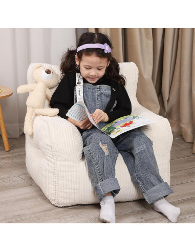 Silla Puff para Niños MOMCAYWEX Beige con Oso de Peluche