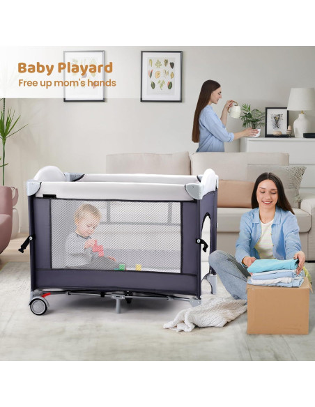 Cuna Portátil JOYMOR 5-en-1 con Mesa de Cambio y Almacenamiento Cuna Portátil JOYMOR 5-en-1 con Mesa de Cambio y Almacenamiento