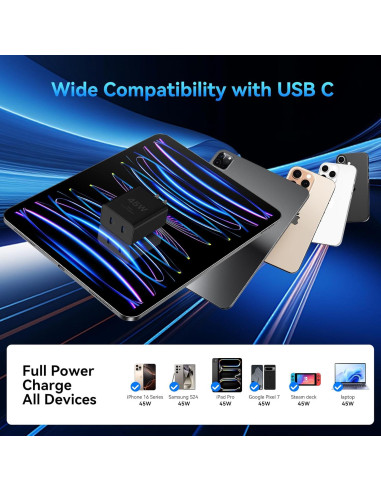 Cargador Rápido Dual USB C 45W para iPhone 17 Pro Max - Negro