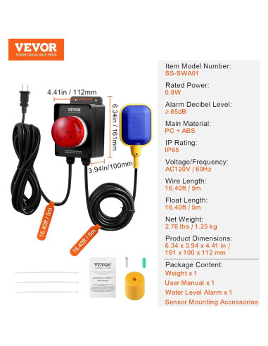 Sensor de Nivel de Agua VEVOR SS-SWA01 5m Alarma Sumergible