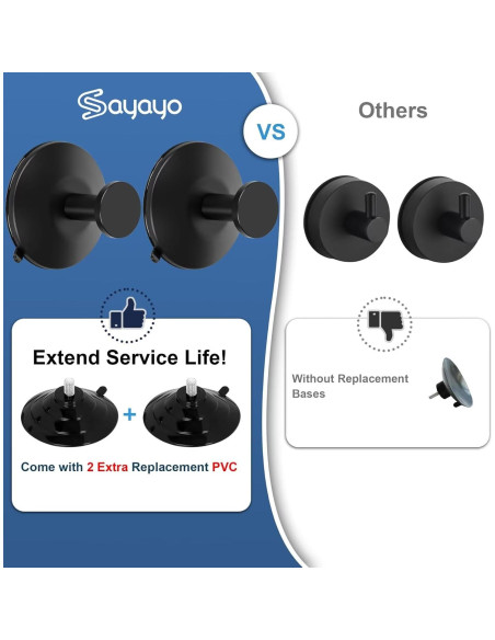 Ganchos de Succión Sayayo 2 Pcs Acero Inoxidable Negro Mate Ganchos de Succión Sayayo 2 Pcs Acero Inoxidable Negro Mate