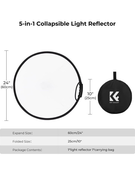 Reflector de Luz 5-en-1 K&F CONCEPT 60cm Plegable Portátil Reflector de Luz 5-en-1 K&F CONCEPT 60cm Plegable Portátil
