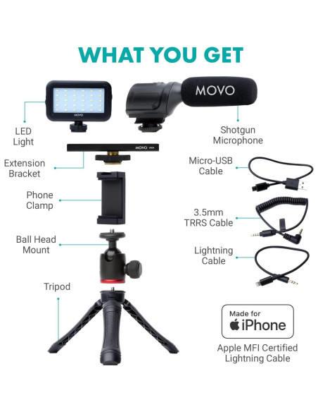 Kit de Vlogging Movo iVlogger para iPhone - Micrófono y Luz LED Kit de Vlogging Movo iVlogger para iPhone - Micrófono y Luz LED