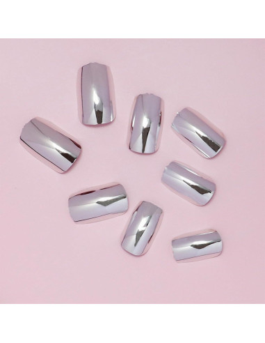 Uñas Postizas Plateadas Medianas Cuadradas FJSMTOPL
