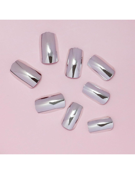 Uñas Postizas Plateadas Medianas Cuadradas FJSMTOPL Uñas Postizas Plateadas Medianas Cuadradas FJSMTOPL