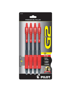 Bolígrafos de Gel Retráctiles Pilot G-2, Punta Fina 0.7mm, Tinta Roja, Paquete de 4