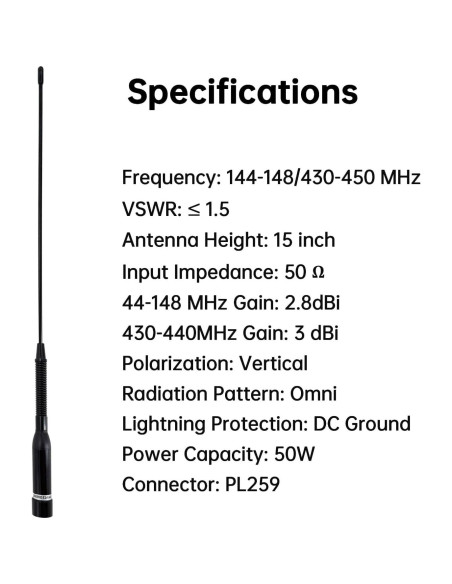 Antena Doble Banda FMUSER UV200 38 cm 144/430MHz Móvil Antena Doble Banda FMUSER UV200 38 cm 144/430MHz Móvil