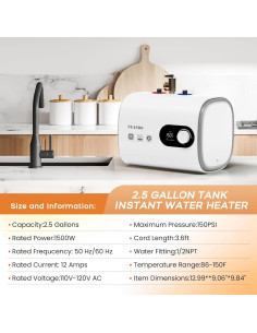 Calentador de Agua Eléctrico NUANBO 9.46L Instantáneo 1500W 2