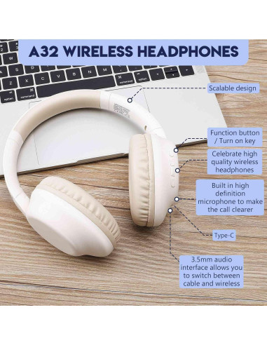 Auriculares Bluetooth UrbanX A32 - Sonido HD, 20H batería, Blanco