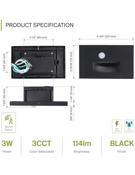 Lámpara de Escalera Empotrada ASD 3W Sensor Movimiento Negro Lámpara de Escalera Empotrada ASD 3W Sensor Movimiento Negro