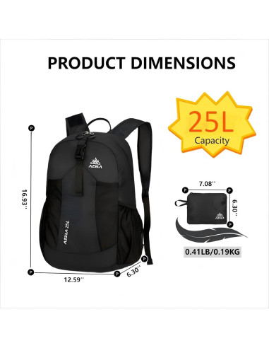 Mochila Plegable Ligera 25L Negra para Viajes y Senderismo