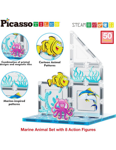PicassoTiles Set de Azulejos Magnéticos 104 Piezas Animales Marinos