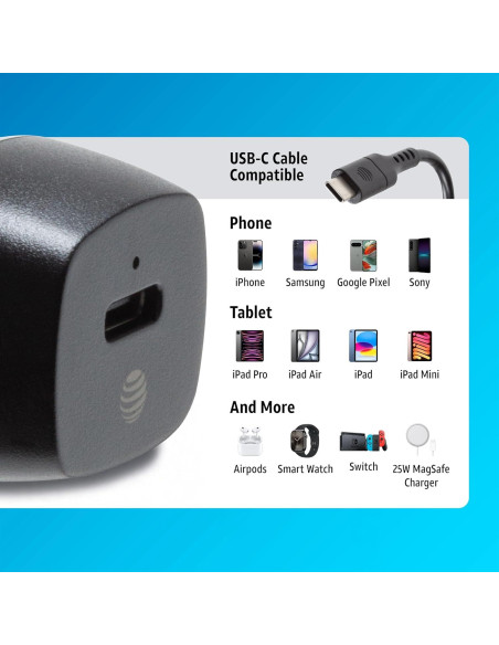 Cargador de coche USB-C AT&T 20W carga rápida negro Cargador de coche USB-C AT&T 20W carga rápida negro