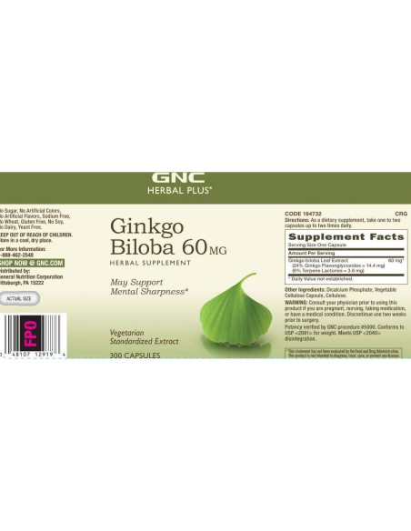 Suplemento GNC Herbal Plus Ginkgo Biloba 60mg Vegetariano 300 Porciones