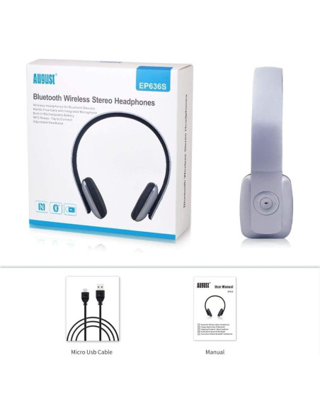 Auriculares Bluetooth August EP636 Inalámbricos Plata - 12h Batería Auriculares Bluetooth August EP636 Inalámbricos Plata - 12h Batería