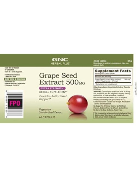 Suplemento GNC Herbal Plus Extracto de Semilla de Uva 500mg Suplemento GNC Herbal Plus Extracto de Semilla de Uva 500mg