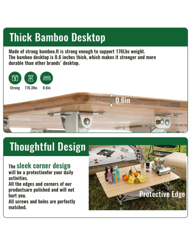 Mesa Plegable KingCamp de Bambú con 2 Sillas Acolchadas
