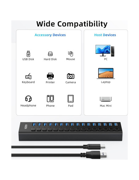 Hub USB 3.2 de 16 Puertos AGEEN 10Gbps con Adaptador 96W Hub USB 3.2 de 16 Puertos AGEEN 10Gbps con Adaptador 96W
