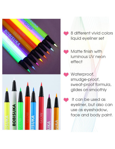 Set de Delineadores Líquidos UV Neón BOBISUKA 8 Colores Mate