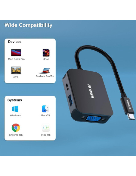 HUB USB-C 4 en 1 BENFEI a HDMI VGA USB-C 60W Carga HUB USB-C 4 en 1 BENFEI a HDMI VGA USB-C 60W Carga