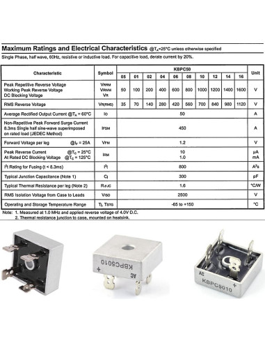 5 Diodos Rectificadores Puente KBPC5010 50A 1000V con Disipador