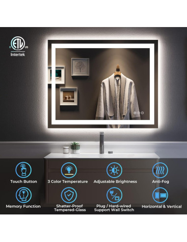 Espejo de Baño LED Yeelait 101.6x81.3 cm Antivaho 3 Colores